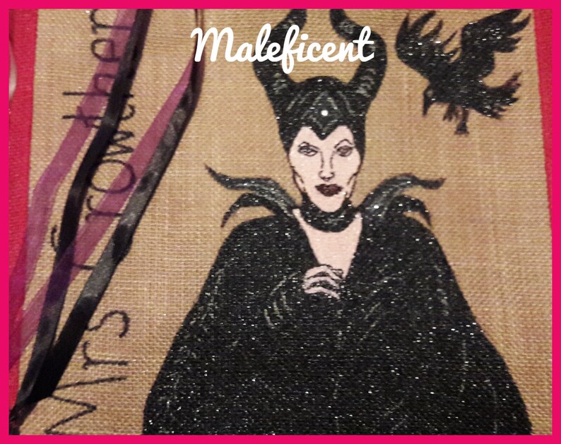 Unique Gift Personalised /'Mini Me/' Jute Tote Bag Any Name or words Hand painted Maleficent Design