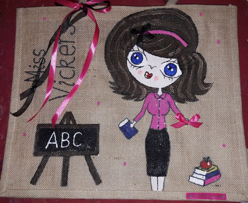 Any Name or words Unique Gift Personalised /'Mini Me/' Jute Tote Bag Hand painted Skirt and Blouse Design