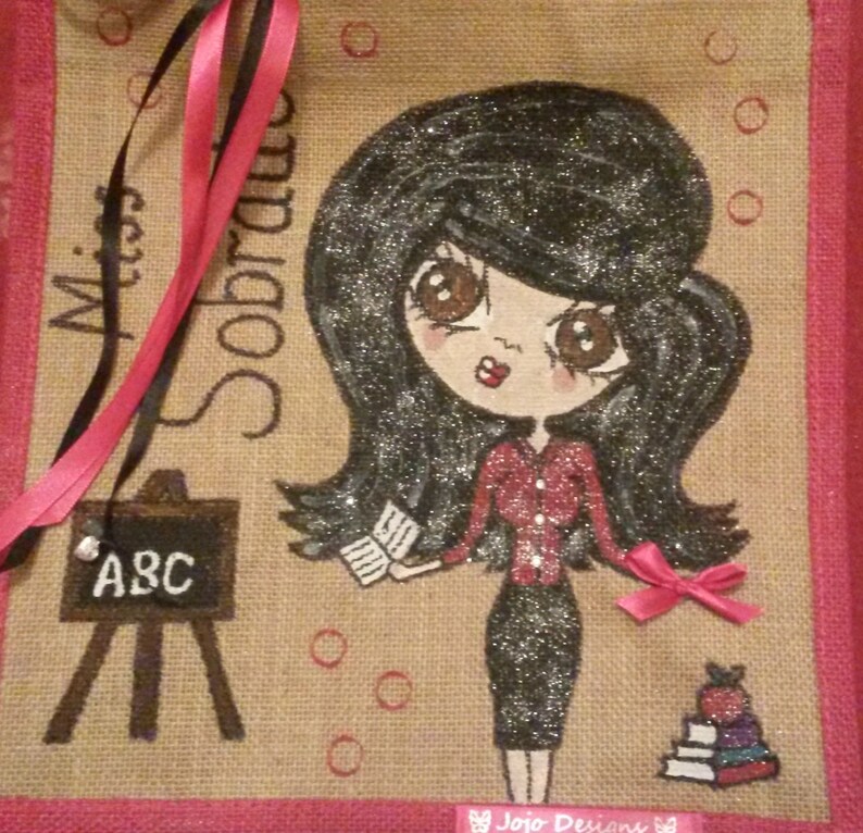 Any Name or words Unique Gift Personalised /'Mini Me/' Jute Tote Bag Hand painted Skirt and Blouse Design
