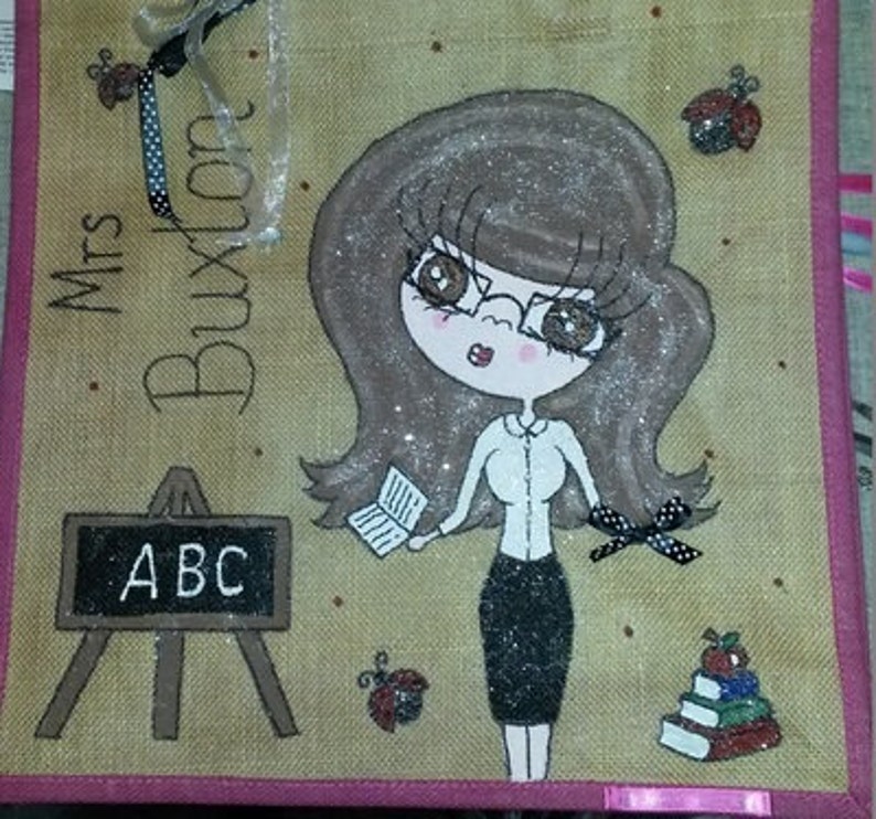 Any Name or words Unique Gift Personalised /'Mini Me/' Jute Tote Bag Hand painted Skirt and Blouse Design