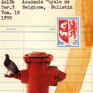 Collage de tarjetas con fecha de vencimiento de la biblioteca - La ciudad de los cerdos de Platón - Serie El retorno eterno - Impresión montada