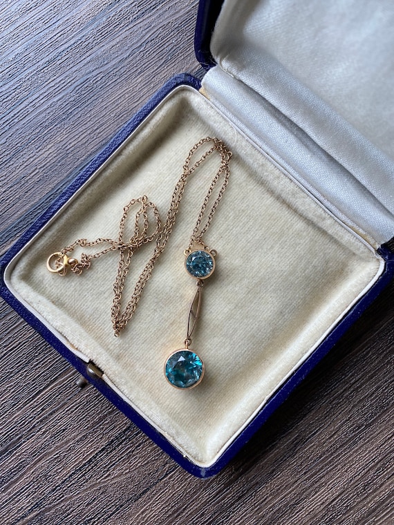 Stunning Vintage Teal Blue Zircon 2 Stone Bezel Drop Necklace , 9CT Rose Gold, December Birthstone, Appraisal Included
