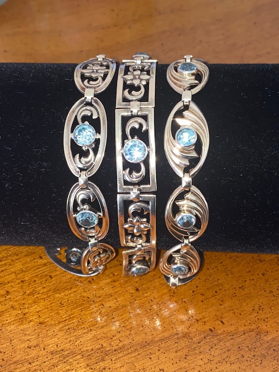 Vintage Blue Zircon 4 Stone Floral Oval Link Open 