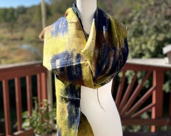 Felted Scarf / Felting Scarf: Handmade Multi-Color Merino Wool Shawl / (NUNO Felt) and Silk / NUNO Shawl