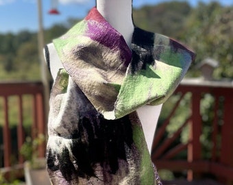 Felted Scarf / Felting Scarf: Handmade Multi-Color Merino Wool Shawl / (NUNO Felt) and Silk / NUNO Shawl