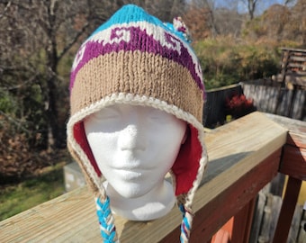 Handmade Wool Ear Flap Beanie | Fleece Lined Knit Winter Hat