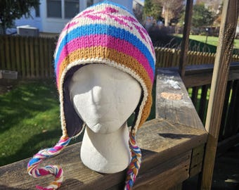 Bonnet fait main en laine avec cache-oreilles | Bonnet d'hiver en tricot doublé polaire