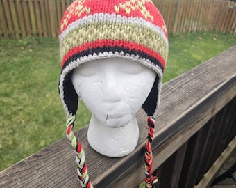 Handmade Wool Ear Flap Beanie | Fleece Lined Knit Winter Hat
