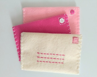 Felt Envelopes // Pretend Play // Set of 3 // Button Enclosure // Mail Set // Pink // Gift for girl