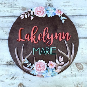 Deer Nursery Decor, 12" Round, Deer Name Sign Wood, Floral Baby Nursery, Boho Baby Shower Decorations, Baby Girl Nursery Decor