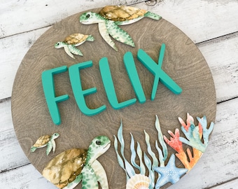Sea Turtle Nursery Decor, 12” Round, Sea Turtle Name Sign Wood