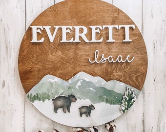 Bear Name Sign For Nursery, Mountain Name Plaque, Bear Wall Art Nursery, Gender Neutral Nursery Decor, Kids Name Door Sign, 12" Round