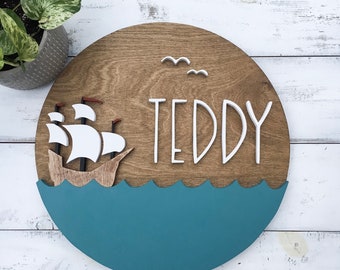 Nautical Name Sign For Nursery, Nautical Baby Nursery Name Plaque, Nursery Name Sign Wood, Wood Baby Name Sign Round, 20” Round