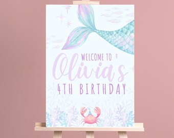 Bearbeitbares Meerjungfrau Willkommensschild | Canva Template | Pastell Meerjungfrau Party Theme | Geburtstag Willkommensschild