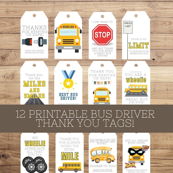 Bus Driver Appreciation Tags | Bus Driver Thank You Tags | Printable Thank You Tags | Bus Driver Gift Ideas | Bus Driver Thank You Gift Idea