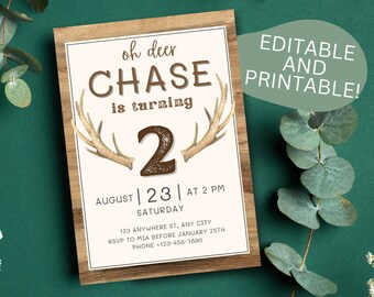 Oh Deer Geburtstagseinladung | Bearbeitbare Hirsch Party Invite | Hirsch Einladungsvorlage | Jagd Party Einladung | Rustikale Einladungsvorlage