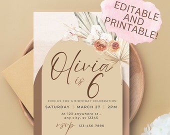 Invitación de cumpleaños de Pampas Boho / Fiesta Boho editable / Plantilla de invitación Boho / Fiesta Boho / Invitación Pampas / Boho Floral