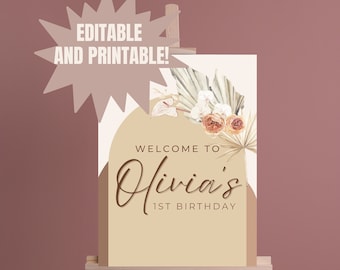 Editable Boho Pampas Welcome Sign | Canva Template | Pampas Boho Party Theme | Birthday Welcome Sign | Bridal Shower Welcome Sign