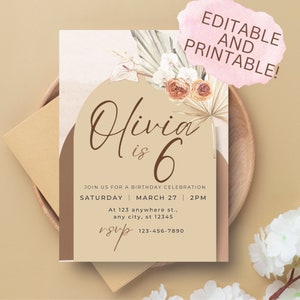 Invitación de cumpleaños de Pampas Boho / Fiesta Boho editable / Plantilla de invitación Boho / Fiesta Boho / Invitación Pampas / Boho Floral