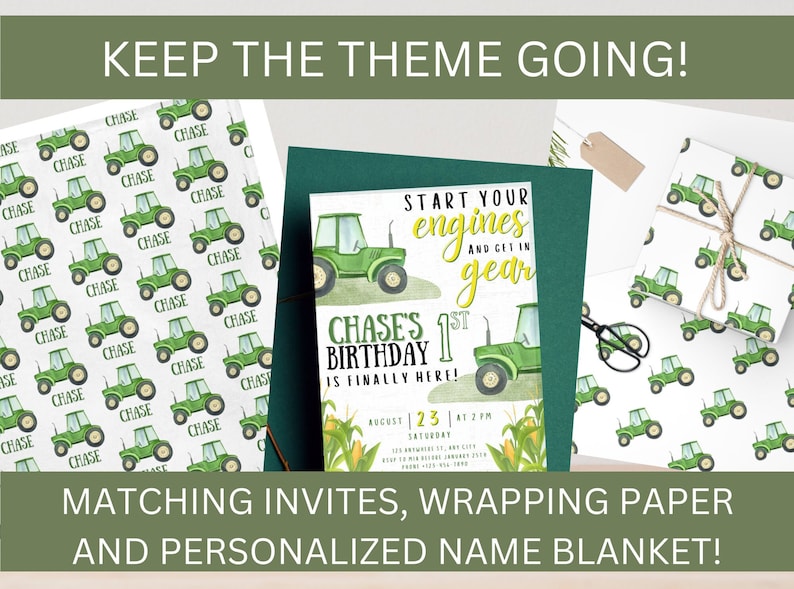 K&ouml;nnte beinhalten: Eine Auswahl an Partyartikeln mit einem gr&uuml;nen Traktormotiv. Enth&auml;lt eine Geburtstagseinladung, Geschenkpapier und eine personalisierte Namensdecke. Die Einladung lautet "Chases 1. Geburtstag ist endlich da!" und enth&auml;lt den Text "Start your engines and get in gear."