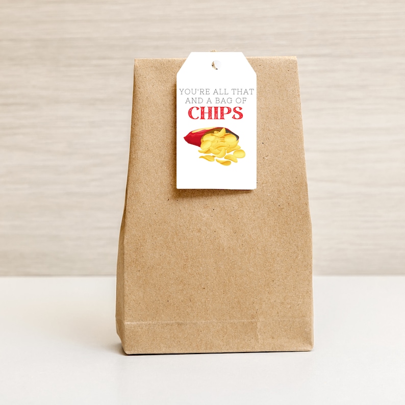 May include: A brown paper gift bag with a white gift tag that says "You're all that and a bag of chips" with a cartoon image of a bag of chips.