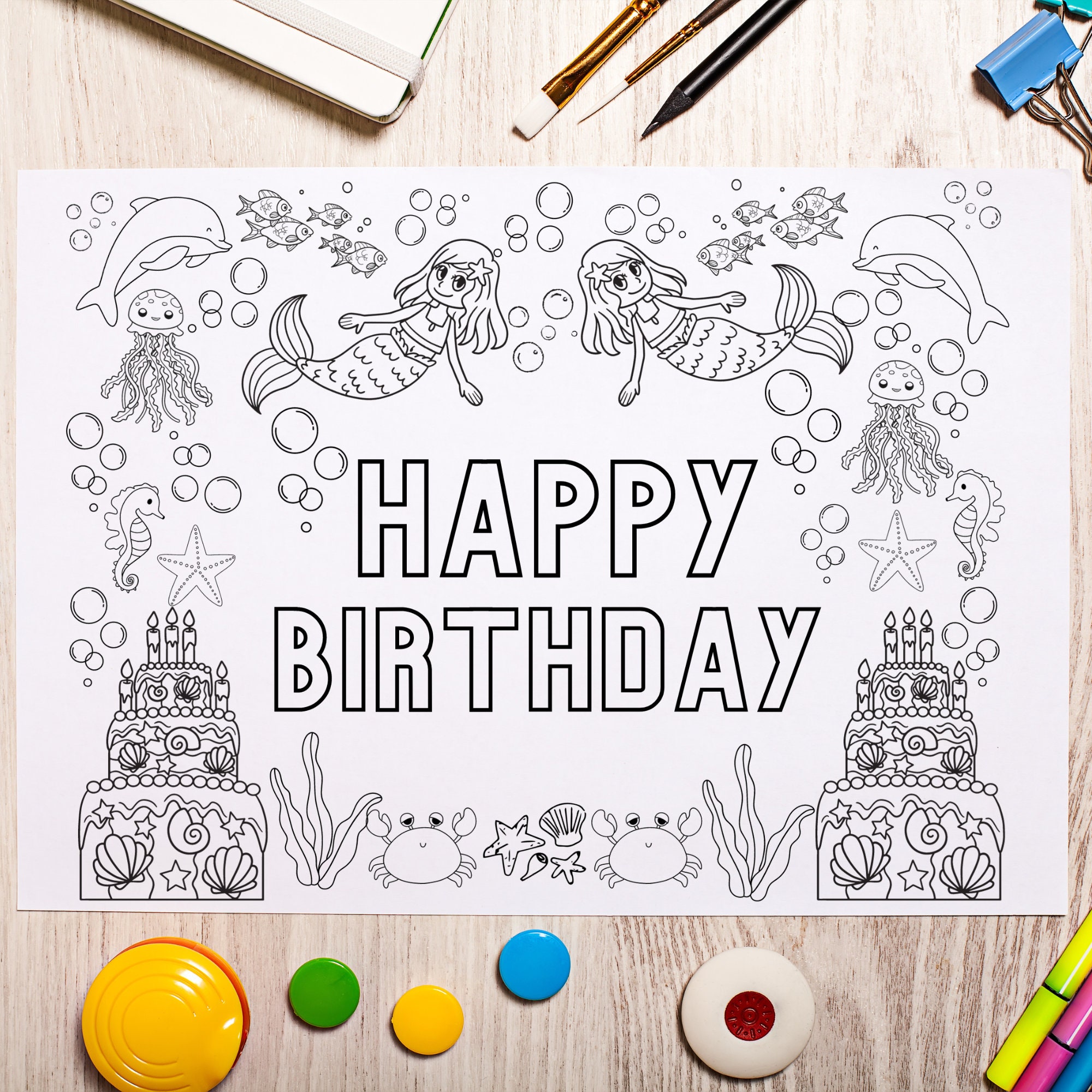 Mermaid birthday coloring page bundle birthday coloring page bundle