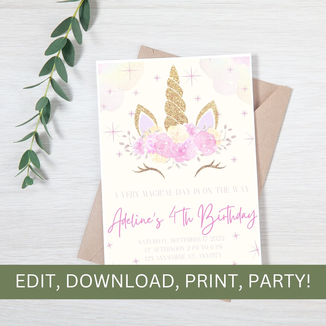 Unicorn Invitation | Unicorn Birthday Party Invite | Editable Unicorn ...