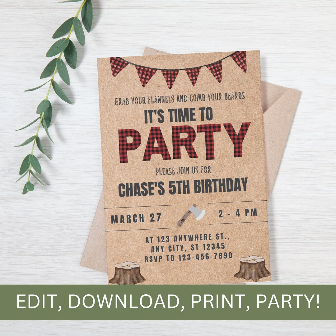 Editable Lumberjack Invitation | Canva Template | Lumberjack Party ...