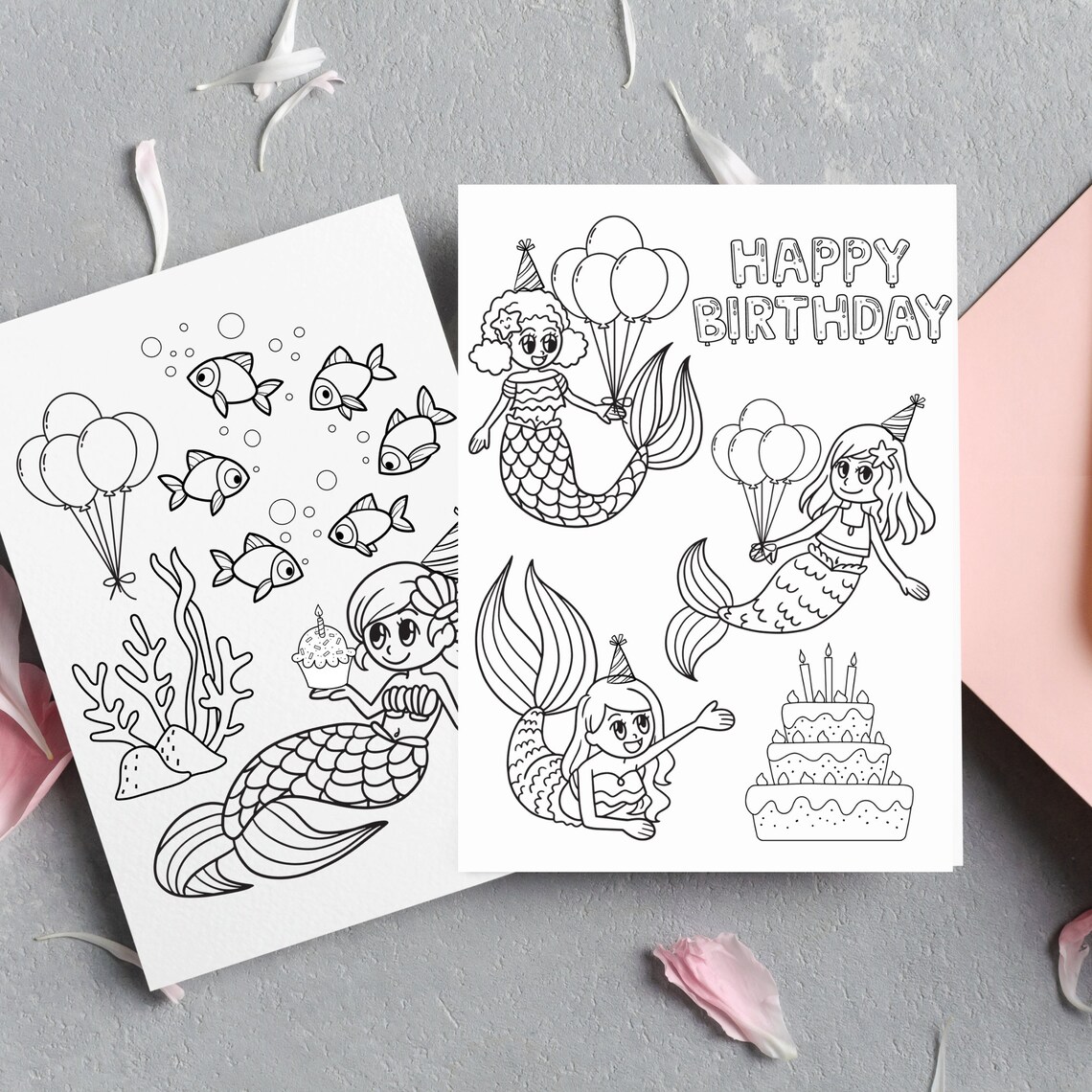 Mermaid Birthday Coloring Page Bundle, Birthday Coloring Page Bundle ...