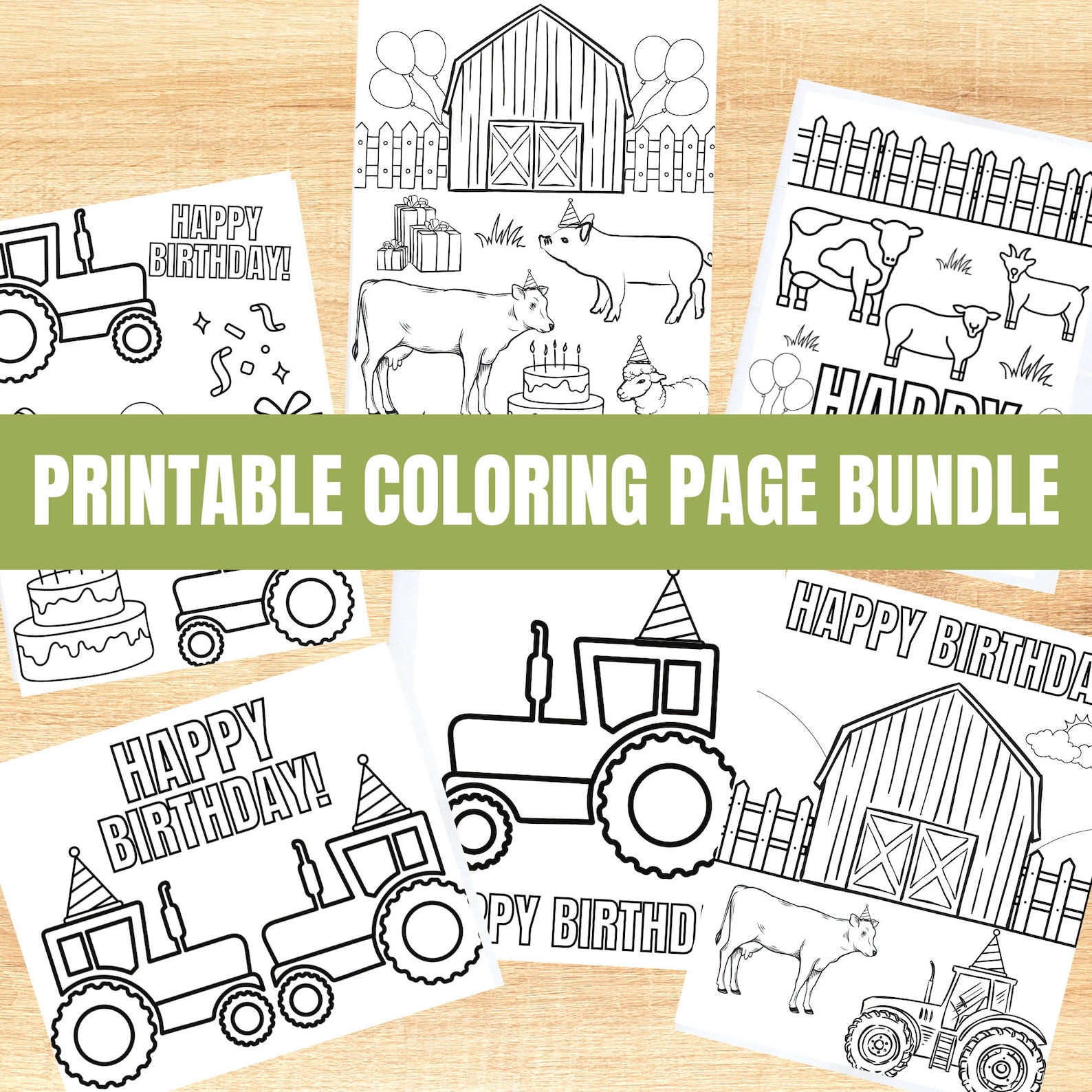 Farm Birthday Coloring Page Bundle, Birthday Coloring Page Bundle