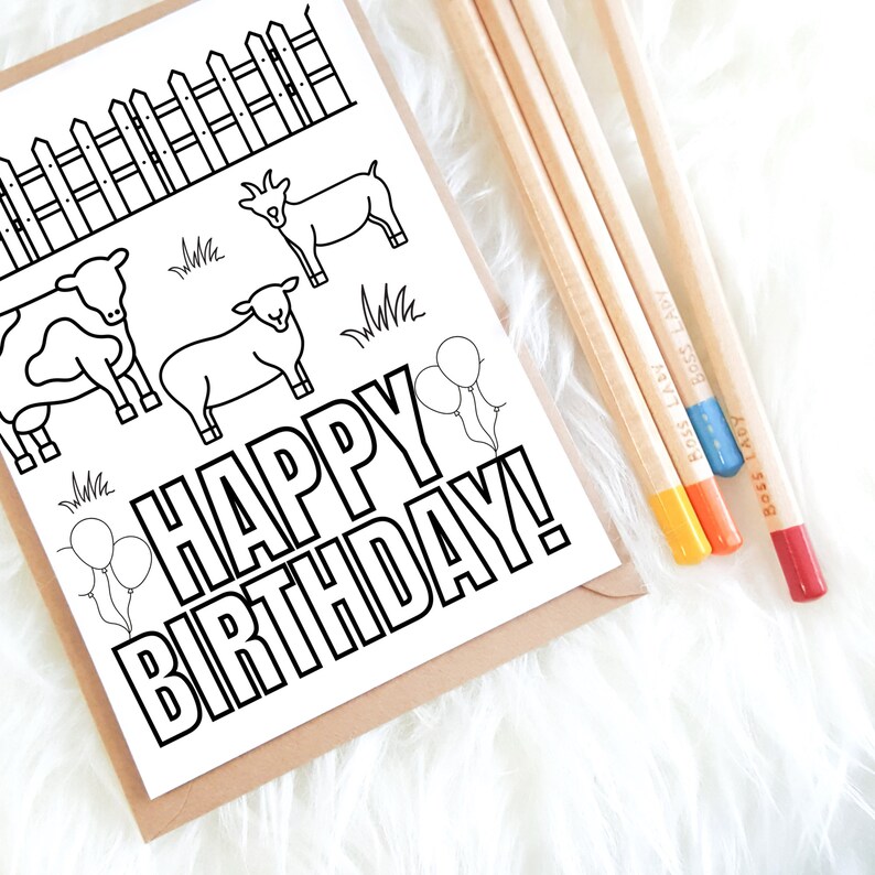 K&ouml;nnte beinhalten: Schwarz-wei&szlig;e Geburtstagskarte mit Bauernhoftieren und dem Text "HAPPY BIRTHDAY!". Vier Bleistifte mit farbigen Spitzen und dem Text "BOSS LADY" liegen neben der Karte. Die Karte befindet sich in einem braunen Umschlag.