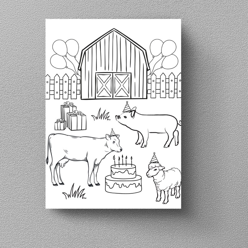 K&ouml;nnte beinhalten: Schwarz-Wei&szlig;-Illustration einer Bauernhofszene mit Scheune, Zaun, Luftballons und Geschenken. Eine Kuh, ein Schwein und ein Schaf tragen Partyh&uuml;te in der N&auml;he einer zweist&ouml;ckigen Geburtstagstorte. Ein charmantes, skurriles Design.