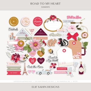 Zestaw do scrapbookingu cyfrowego „Road to My Heart”, papierowe pamiątki, cyfrowa naklejka na Walentynki, elementy do scrapbookingu do druku dla miłośników miłości, Paryż