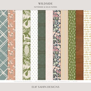 Könnte beinhalten: Ein Set mit 10 digitalen Papiermustern in verschiedenen Farben und Designs, darunter florale, geometrische und Waldmotive. Der Text "WILDSIDE PATTERNED & SOLID PAPERS" befindet sich oben im Bild. Der Text "COPYRIGHTED MATERIAL 2023 FOR YOUR PERSONAL USE ONLY NO COMMERCIAL USE NO SAH" befindet sich unten im Bild. Der Text "ELIF SAHIN DESIGNS" befindet sich in der Mitte des Bildes.