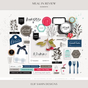 Meal in Review Digital Scrapbooking Kit, Paper Ephemera, Dinner Digital Sticker, Printable Scrapbook Elements for Eating Out, Recipe