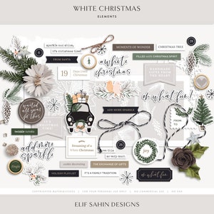 White Christmas Digital Scrapbooking Kit, Paper Ephemera, Digital Sticker, Printable Scrapbook Elements for Holidays Xmas Snow Birds Winter