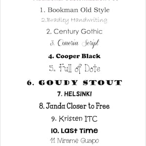 May include: A list of 12 font choices for customization, with an additional fee for each font. The fonts are listed in black text with a number and a period preceding each font name. The font names are: Bookman Old Style, Bradley Handwriting, Century Gothic, Coneria Script, Cooper Black, Full of Dots, GOUDY STOUT, HELSINKI, Janda Closer to Free, Kristen ITC, Last Time, Mirame Guapo, and Rockwell Extra Bold.