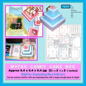 May include: A three-tiered cake box template for a candy cake box. The template is printed on white paper with black lines. The box is approximately 6.4 inches by 6.4 inches by 6.4 inches. The template is labeled "MyFav Candy Cake Box".