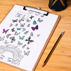 May include: A printable mood tracker featuring a black and white illustration of a woman with flowers in her hair and butterflies flying around her. The mood tracker has a color key with four colors: turquoise, pink, purple, and gray. The text "Mood Tracker" is at the top of the page.