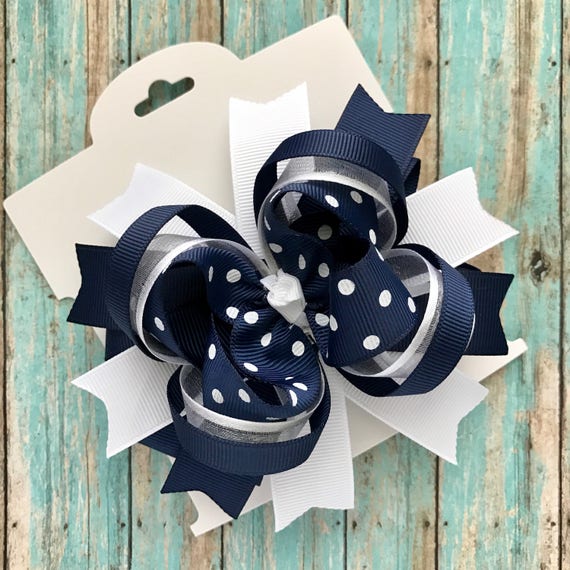 July 4th Hair Bow Navy Hair Bow White And Navy Blue Hair Etsy