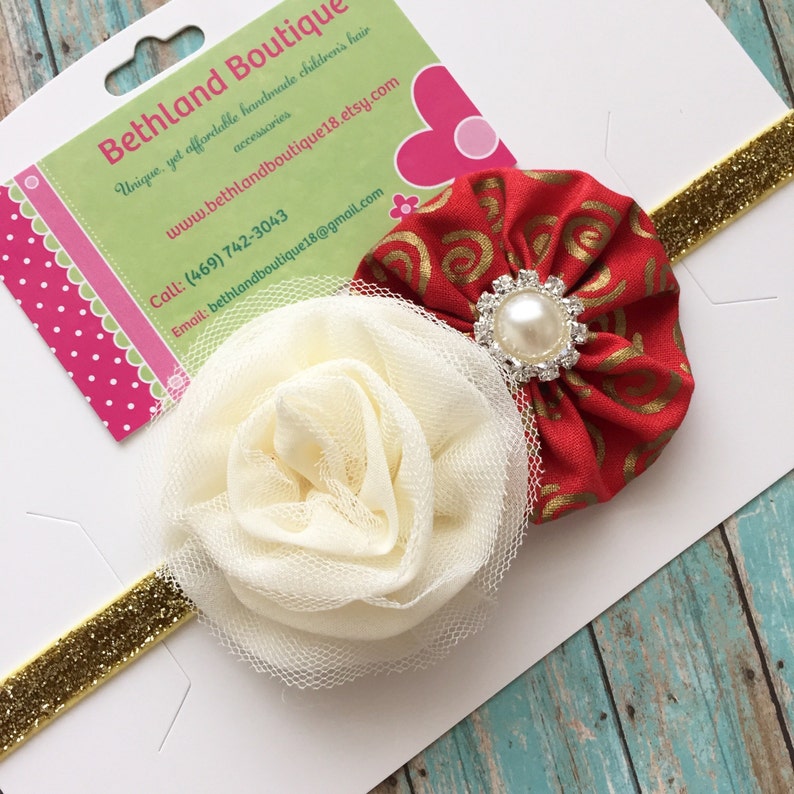 Red ivory gold headband-christmas red ivory gold baby headband-christmas red and gold bow-christmas gold red ivory hair bow gold red ivory
