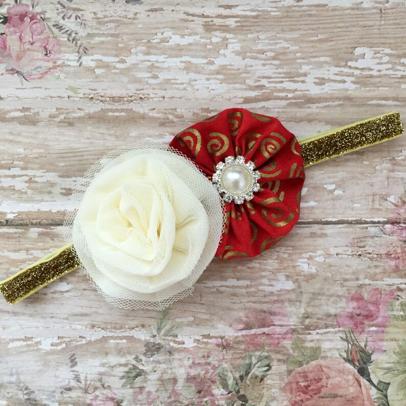 Red ivory gold headband-christmas red ivory gold baby headband-christmas red and gold bow-christmas gold red ivory hair bow gold red ivory