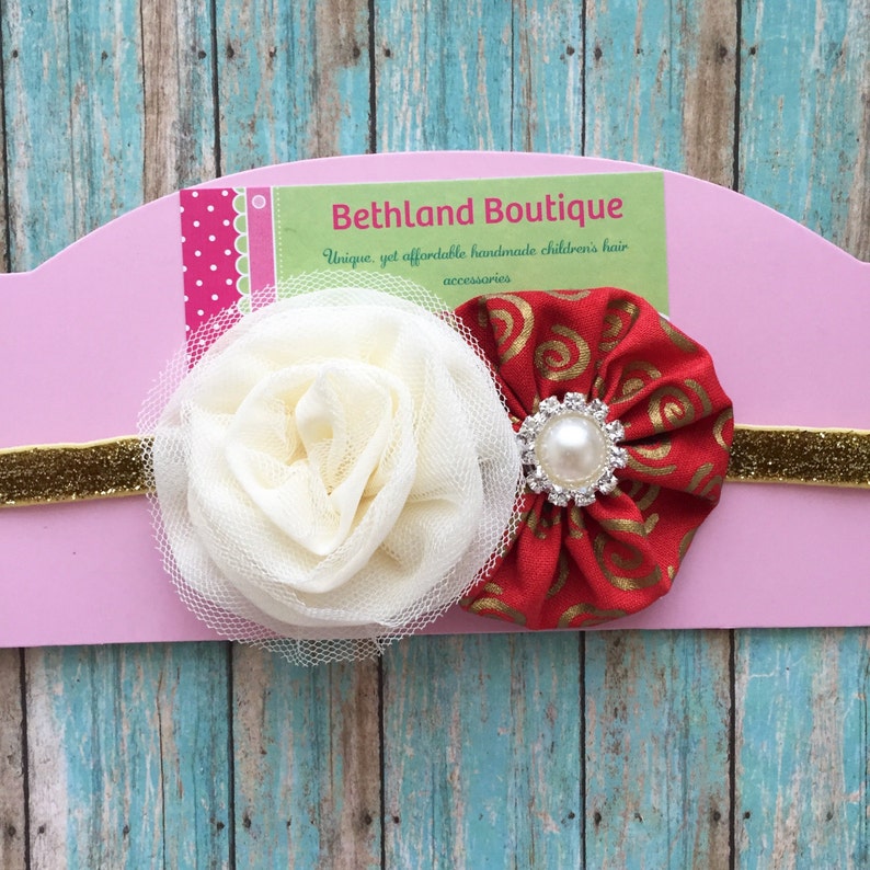 Red ivory gold headband-christmas red ivory gold baby headband-christmas red and gold bow-christmas gold red ivory hair bow gold red ivory