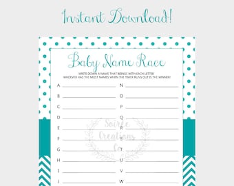 Baby Shower Game | Baby Name Race | Instant Download | Turquoise, Chevron, Polka Dots | Baby Boy