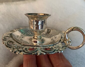 Vintage silverplate fancy ornate candlestick holder,chamberstick,boudoir,bed and breakfast, cottage decor, cabin decor, shabby chic