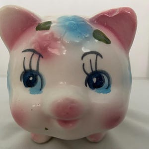 Vintage ceramic bank happy baby piggy bank coin holder,shabby chic,nostalgia,blue pink green flowers painted kitsch