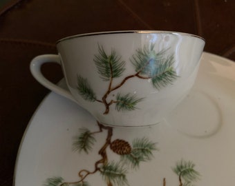 Vintage snack set Laurel China Japan pine set cup and plate,8 sets,garden party,brunch,1950s mid century modern,pine cones,read description