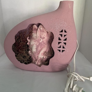 Vintage Pottery Lamp: Woman Riding Buffalo with Angel Wings Cutout