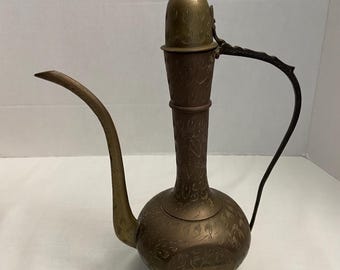 Vintage Brass coffee tea pitcher Surahi Aftaba Ewer Etched,Made In India