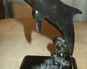 Vintage Brass Dolphin,San Pacific International,black blue on brass dolphin,office,paperweight,beach decor,ocean,ocean,sea mammal
